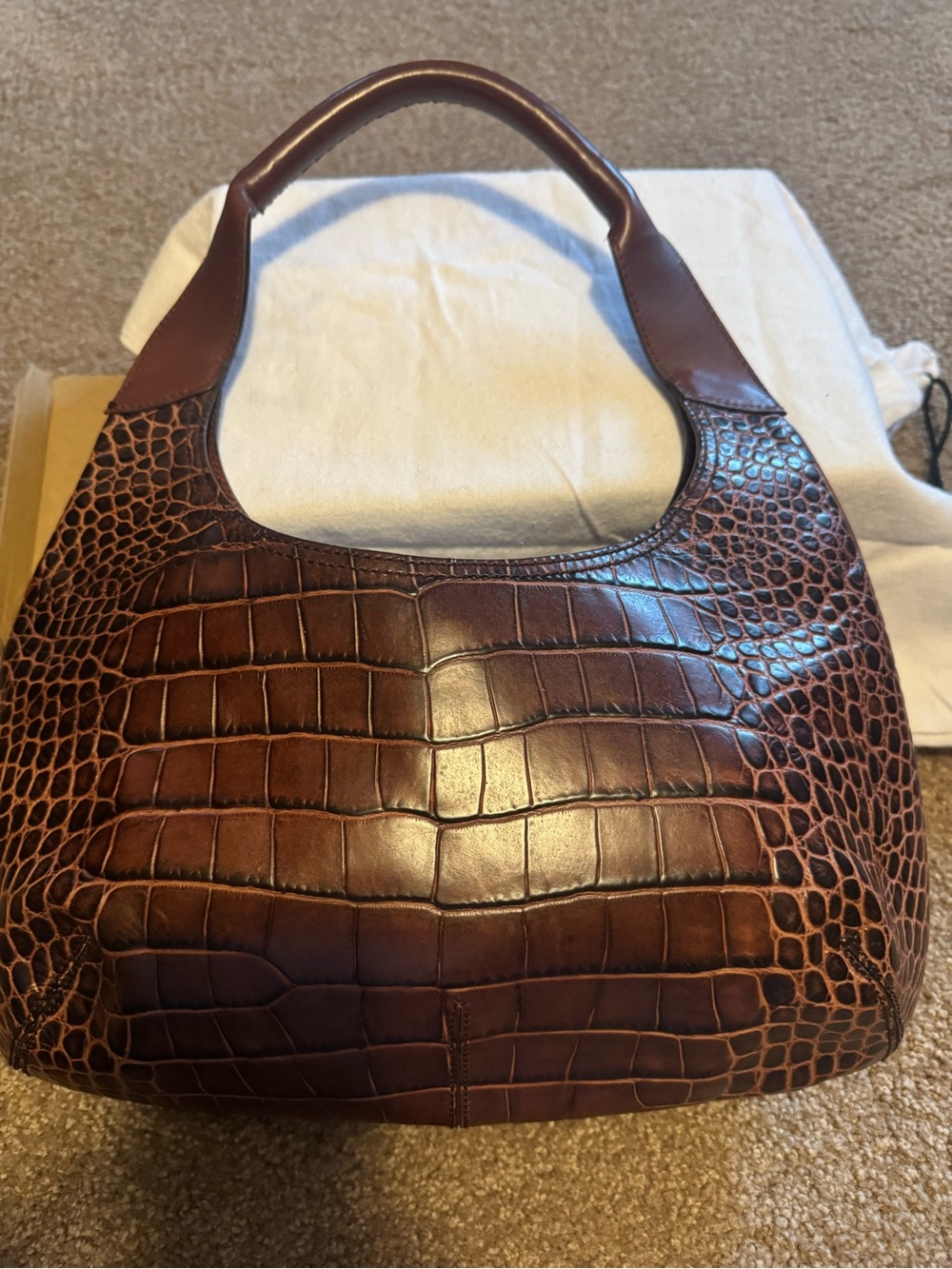 Salvatore Ferragamo Brown Croc-Embossed Leather Hobo Shoulder Bag